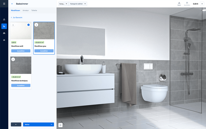 Wohnungskonfigurator mit Visualisierung des Badezimmer